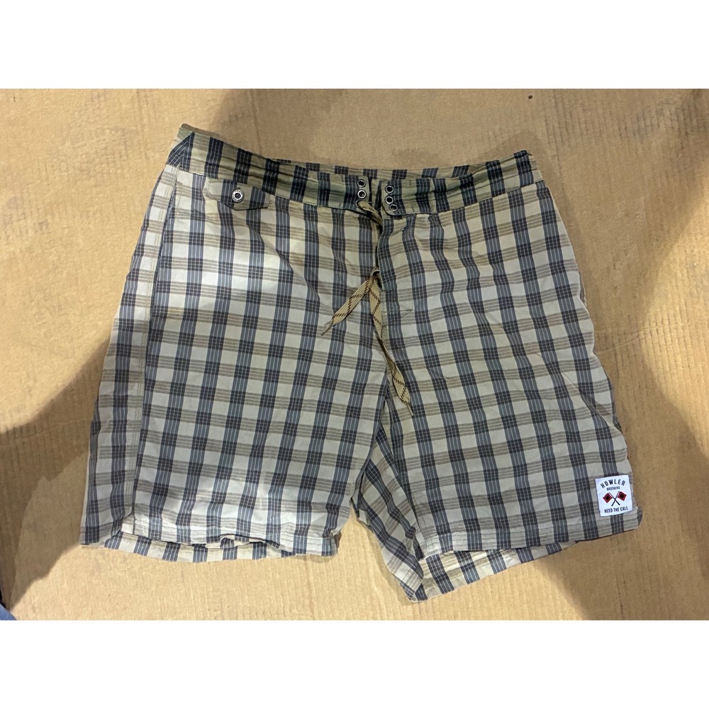 Howler Brothers Mens Plaid Board Shorts Tan Blue Lace Up Size 35